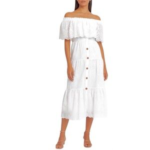 Eliza J Dress Off The Shoulder White Cotton Eyelet Ruffled Midi Size 2